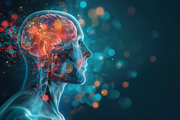  Futuristic human head, new look at medicine. Endobiogenics. The head is set against a dark, blurry background 