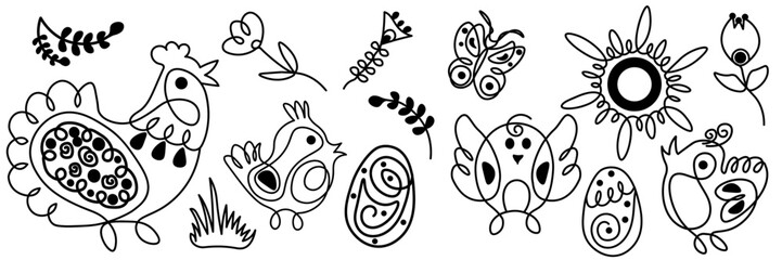 Vector set of cute birds. Linear style. For design.