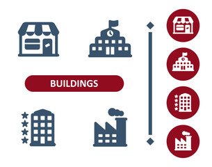 Buildings icons. Building, shop, store, school, college, high school, hotel, factory icon