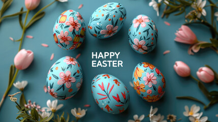 Festive Easter background with Easter eggs and the inscription "HAPPY EASTER"