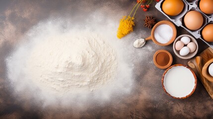 Baking or cooking background. Ingredients, kitchen items for baking. Top view