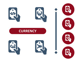 Currency icons. Dollar, euro, pound, pound sterling, yen, yuan, hand, cash, money, bill, banknote, buy, pay icon