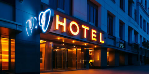 sign "HOTEL" written on neon letters, TRAVEL concept