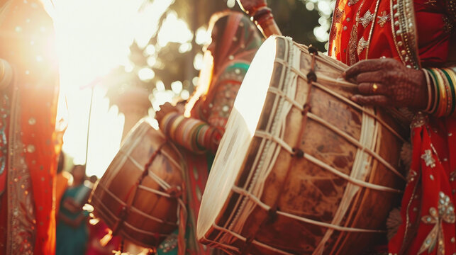 musicians playing traditional Punjabi instruments, drums, dhol and tumbi, festive atmosphere of Baisakhi