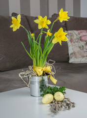 happy easter. Wielkanocna kompozycja narcyzy, palemka, bukszpan i jajka, Buxus i Narcissus , yellow narcissus in a pot, Easter floral composition with yellow narcissus	