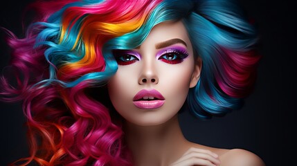 Fototapeta premium Beautiful woman with multi-colored hair and creative make up and hairstyle. Beauty face