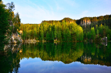 las, drzewa nad jeziorem, odbicie w wodzie, forest, trees by the lake, reflection in the water - obrazy, fototapety, plakaty