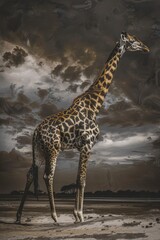 A giraffe stands in a surreal landscape with dramatic skies and a reflective surface.
