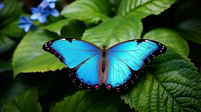 Blue Morpho, Morpho peleides, big butterfly sitting on green leaves, beautiful insect in the nature habitat, wildlife from Amazon in Peru, South America