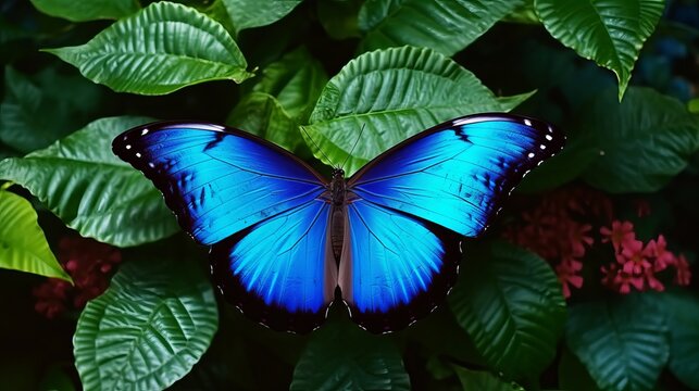 Blue Morpho, Morpho peleides, big butterfly sitting on green leaves, beautiful insect in the nature habitat, wildlife from Amazon in Peru, South America