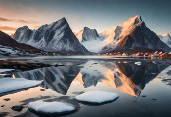 A beautiful view of snowy mountains and icy shores of the Lofoten Islands at sunset, Norway-