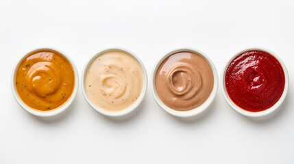 Bowls of various sauces isolated on white background, top view