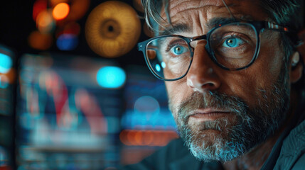 Focused crypto trader analyst wearing eyeglasses analyzing online trading stock exchange market