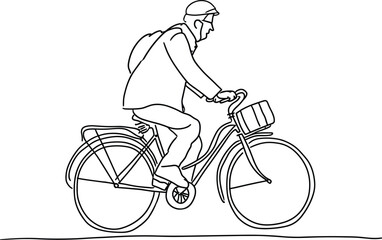 Fototapeta na wymiar continuous single line drawing of Old man riding bicycle vector illustration, minimalist line art of elderly cyclist, senior biking, vintage bike rider. Elderly Cycling, Active Seniors,