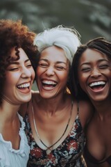 Fototapeta premium Close-up of three joyous women of diverse ethnicities, sharing a hearty laugh outdoors.