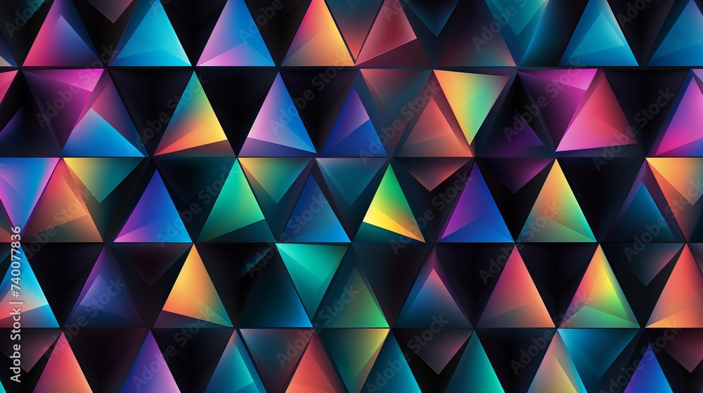 Poster bright seamless pattern with iridescent triangles on black background