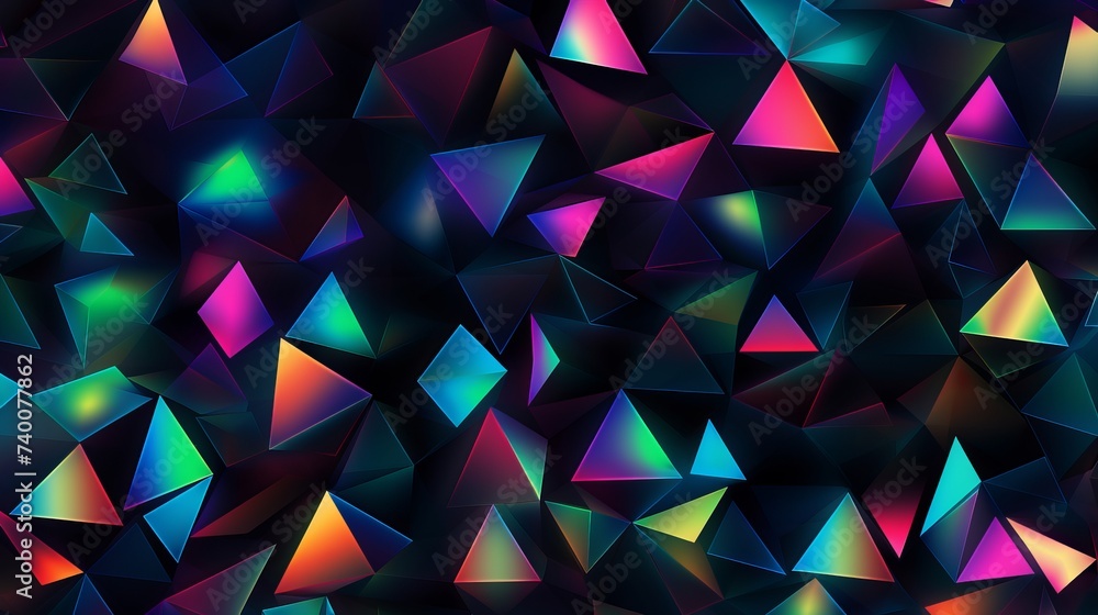 Poster bright seamless pattern with iridescent triangles on black background