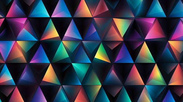 Bright seamless pattern with iridescent triangles on black background