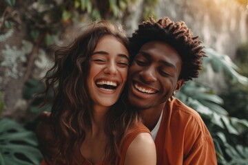 Naklejka premium Radiant Interracial Couple Sharing Genuine Laughter in Lush Greenery