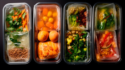set with different food containers on black background. top view