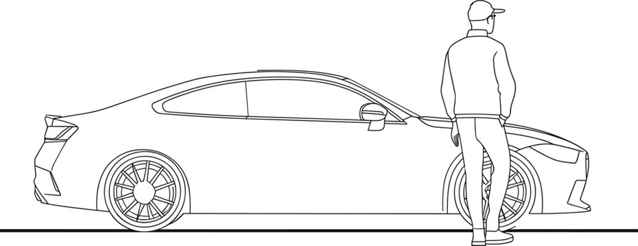recommend clip art: continuous single line drawing  of Professional driver standing near to a luxury car