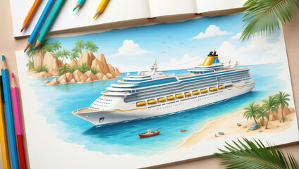 Drawing of a luxury cruise ship near a tropical island. Background on the theme of relaxing holidays and travel to the beach.