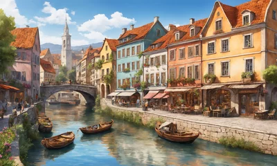 Zelfklevend Fotobehang Narrow street of an old European city with canal. Romantic background in digital illustration style. © Николай Батаев