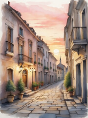 Fototapeta na wymiar Narrow street of an old European city at sunset. Romantic vertical background in digital illustration style.