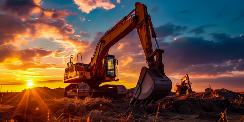 excavators are parked in a field at sunset