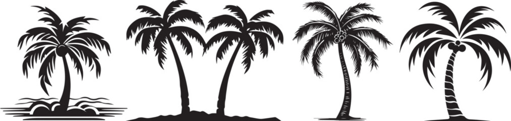 set of palm trees, plants black and white shapes laser cutting engraving - obrazy, fototapety, plakaty