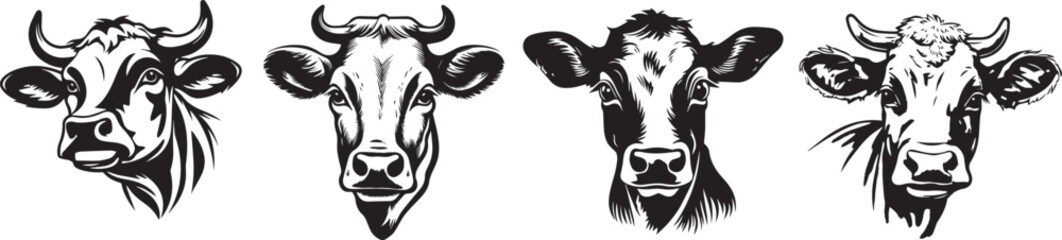 cow heads, vector graphics without colors shapes - obrazy, fototapety, plakaty