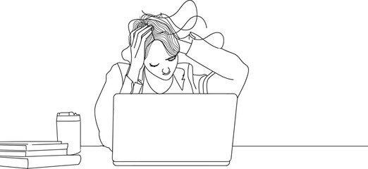 continuous single line drawing  of  Stressed business woman sitting workspace with laptop vector, stress corporate professional, anxiety, overwhelmed , tension businesswoman line art style vector