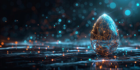 Easter Egg made from lines and glowing dots in blue and golden colors. Digital technological style.  - obrazy, fototapety, plakaty