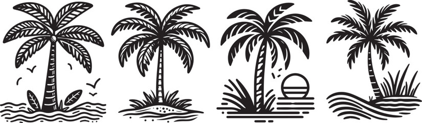 Fototapeta na wymiar palm tree island and waves, paradise graphics