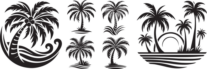 palm tree island and waves, paradise graphics - obrazy, fototapety, plakaty