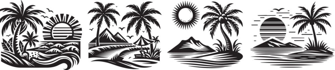 palm tree island and waves, paradise graphics laser citting engraving - obrazy, fototapety, plakaty