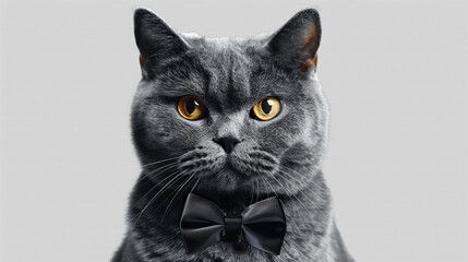 Regal British Shorthair cat adorned with a distinguished bowtie on transparent background.png format. 