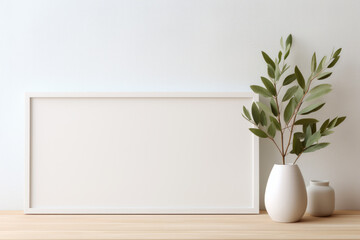 White vase with green plant and empty horizontal photo frame on wooden table. Minimal mock up template concept - obrazy, fototapety, plakaty