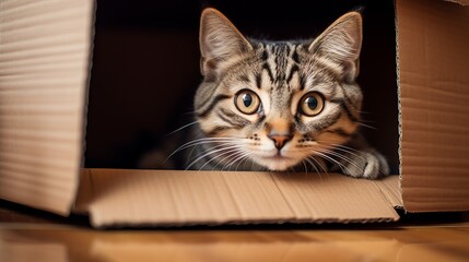 Cute grey tabby cat in cardboard box on floor at home