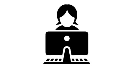 Person at the computer symbol. Computer work icon. Office work sign. Remote work symbol. Isolated. Transparent Background.