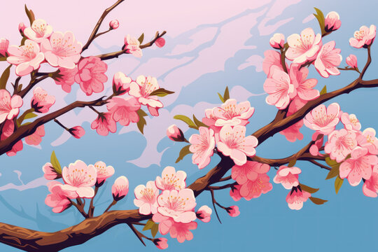 Illustration of sakura tree blossoming in Japan. Spring fragrance of fruit tree. Blooming spring, stylization