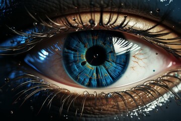 Close-up of a human eye with a detailed blue iris and water droplets.