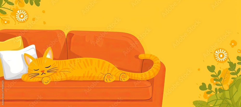 Aufkleber tranquil tabby cat sleeping comfortably on couch with plenty of empty space for text placement