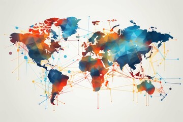 A stylized abstract world map with colorful connections symbolizing global networks.