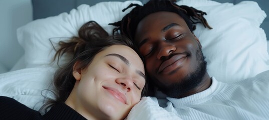 Peaceful multiracial couple in white attire sleeping on bed with ample text space