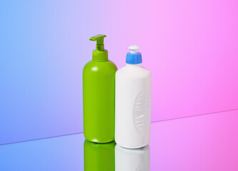 Dispensers with gels for cleaning and washing dirty dishes. Fresh kitchen moment.