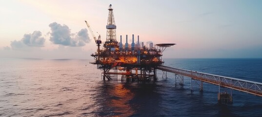 Offshore oil rig platform at late evening in open sea, oil drilling operation with blue waters