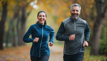 Naklejka premium Smiling Middle-Aged Couple Jogging Together in Autumn Park