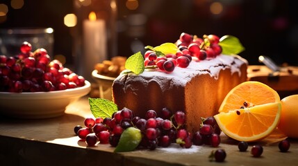Fruit cake with, kiwi, pomegranate, grapes, honey and tangerine. Taking photo of fruit cake. Toned photo - obrazy, fototapety, plakaty