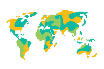 Vector Doodle Style World Map in Green, Turquoise and Orange Colors. Isolated on White Background.